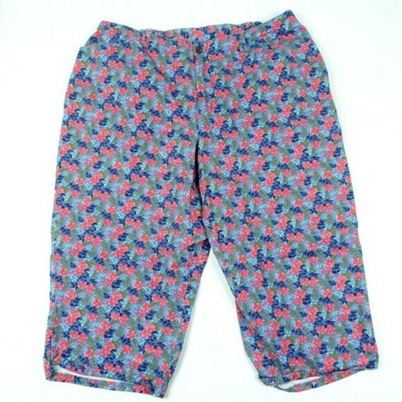 Crazy Horse Cropped Pants 18W‎ Blue Red Floral Print Cotton - Picture 1 of 3